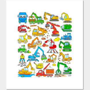 Excavators Construction Trucks Crane Dumper Truck Jackhammer Posters and Art